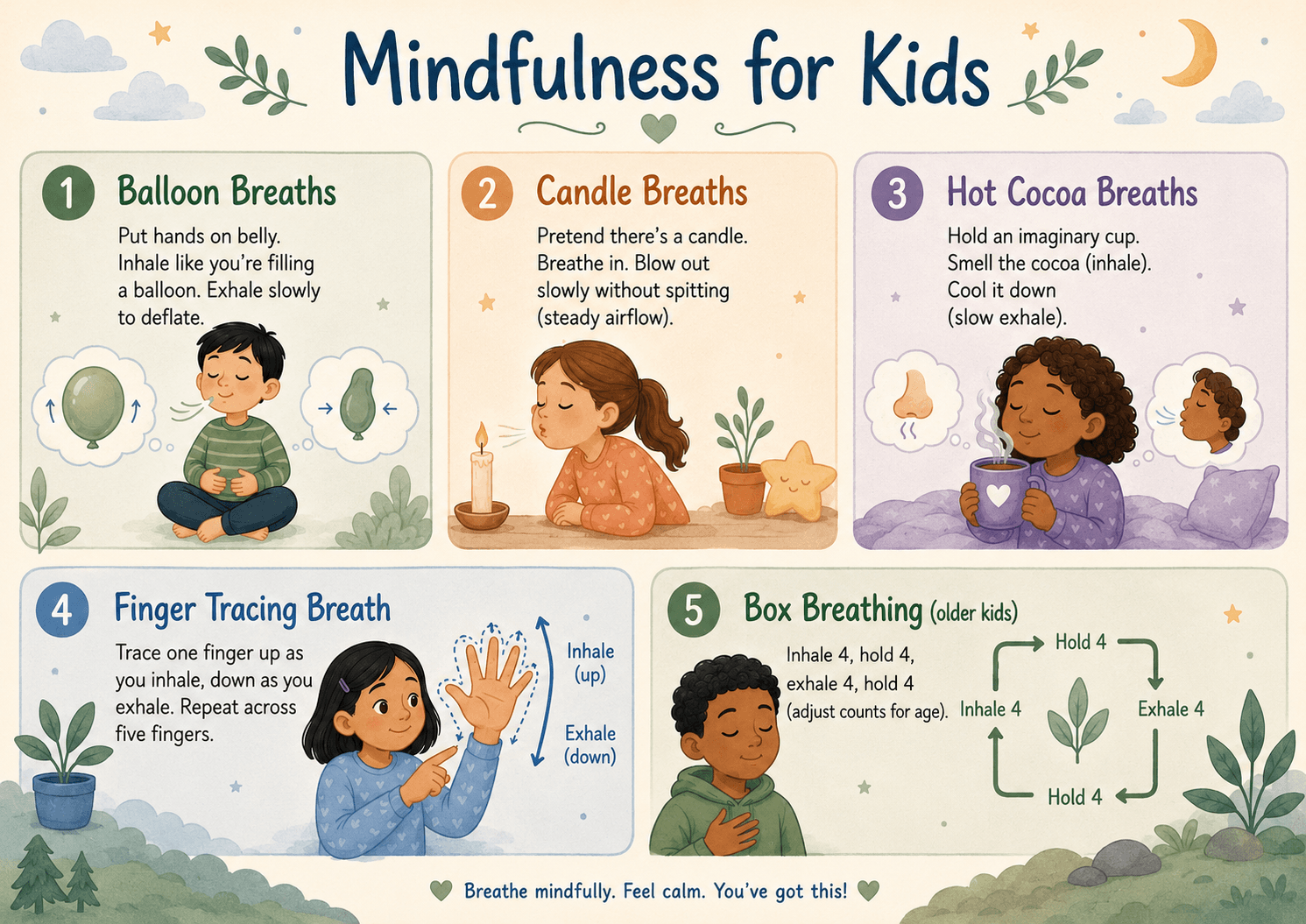 Illustrated mindfulness breathing exercises for kids including balloon breaths, candle breaths, hot cocoa breaths, finger tracing breath, and box breathing