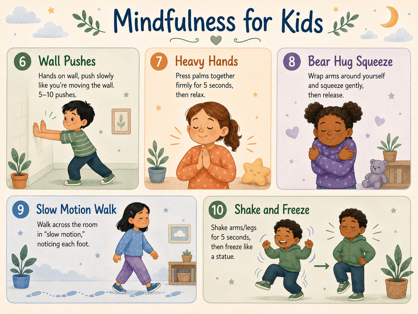Illustrated body-based calming activities for kids including wall pushes, heavy hands, bear hug squeeze, slow motion walk, and shake and freeze