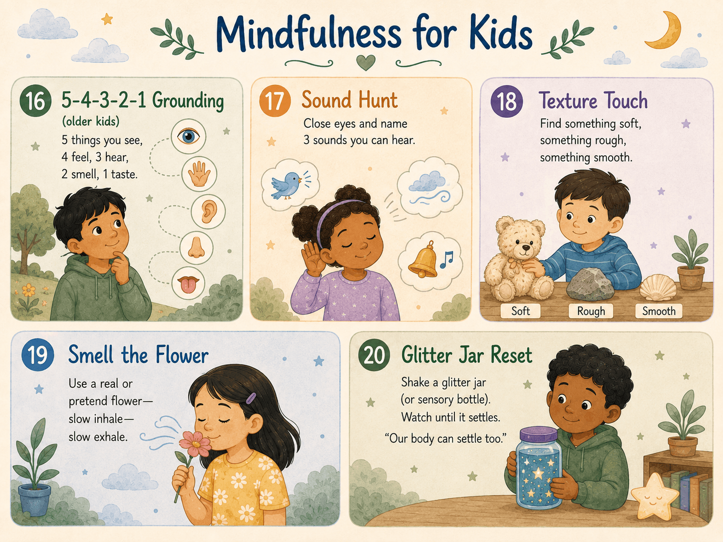Illustrated sensory mindfulness activities for kids including grounding, sound hunt, texture touch, smell the flower, and glitter jar reset