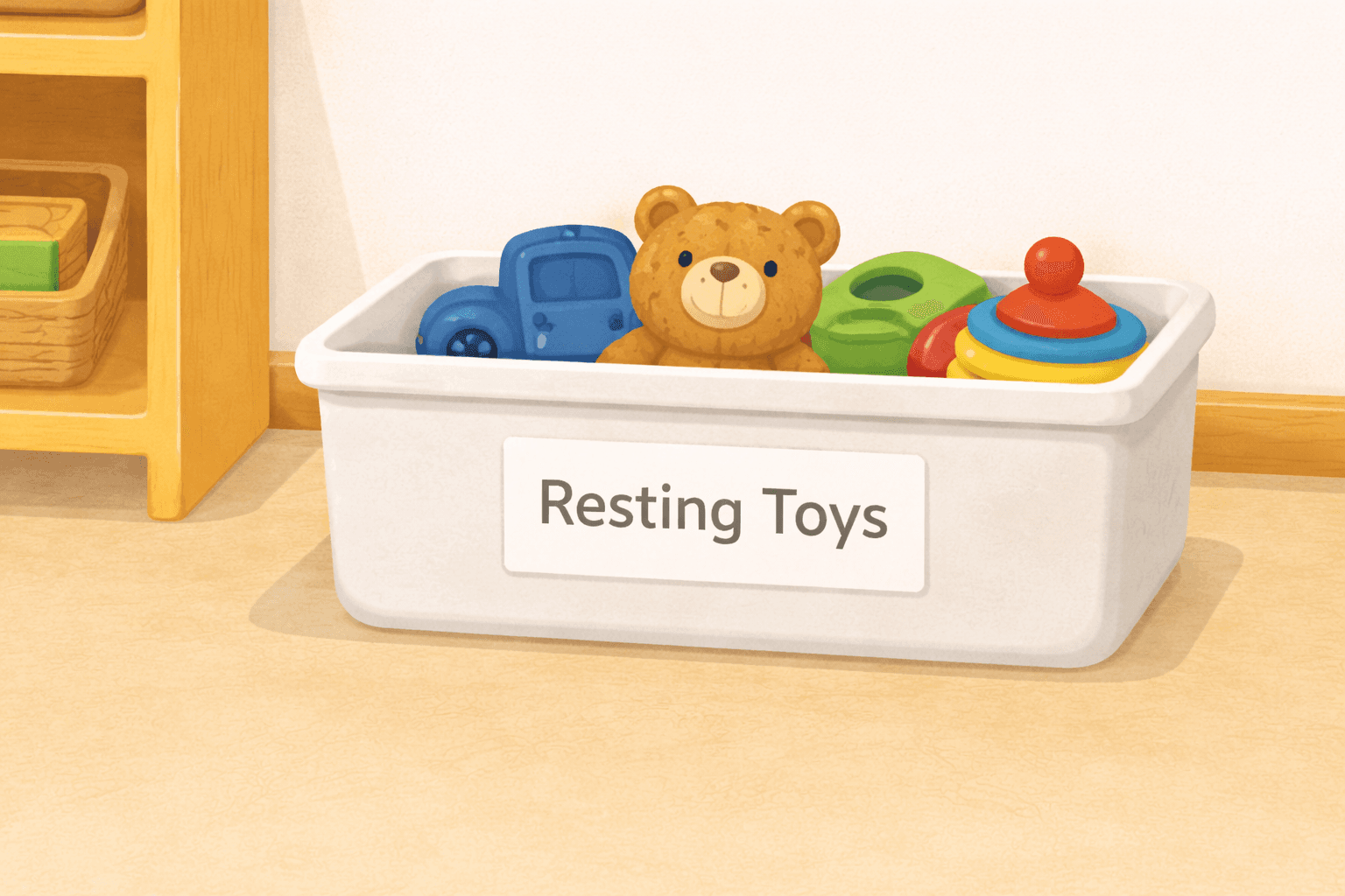Labeled storage bin for resting toys next to the shelf.