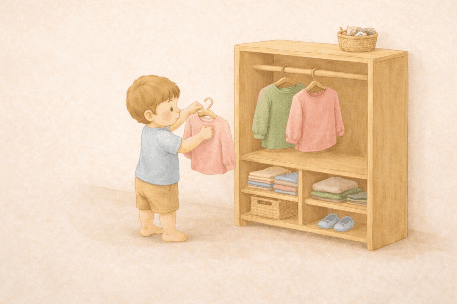 Montessori open wardrobe at child height